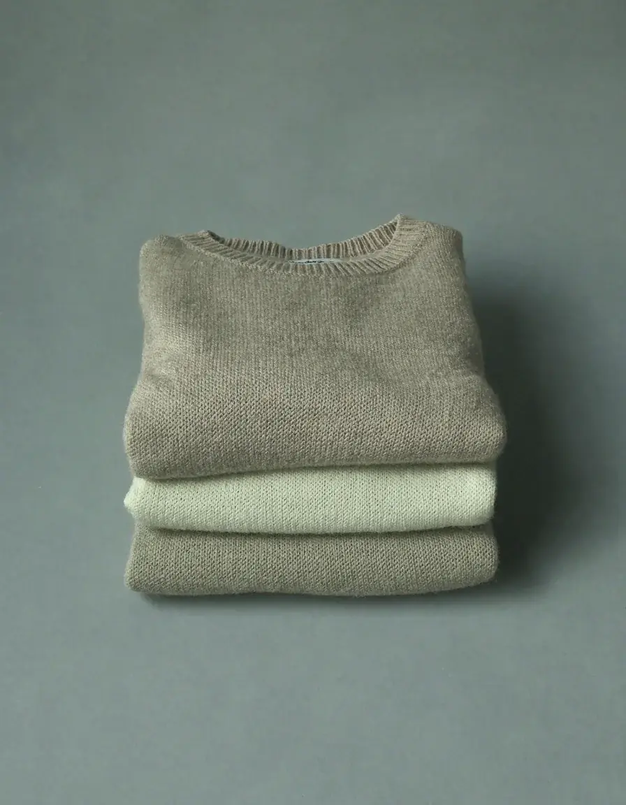 A small stack of folded merino and cashmere knitwear in oatmeal, soft gray and pale sage